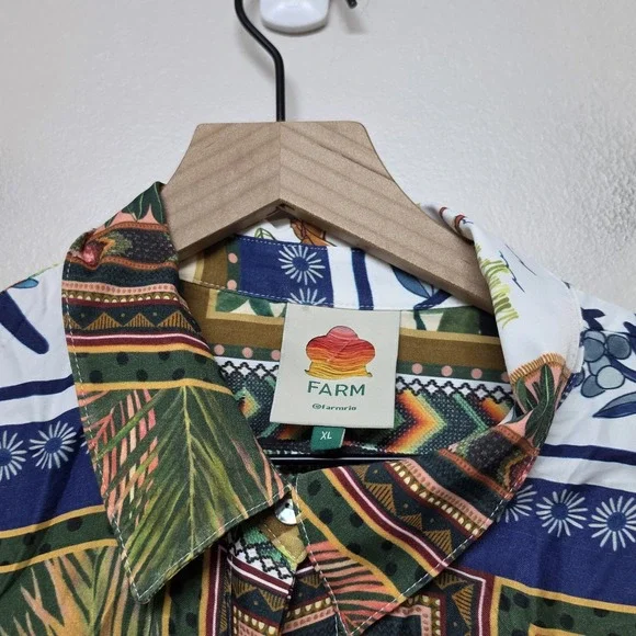 Farm Rio Tropical Mixed Scarfs Patterned Button Up Shirt Sz XL Beach Vacation - Picture 4 of 9